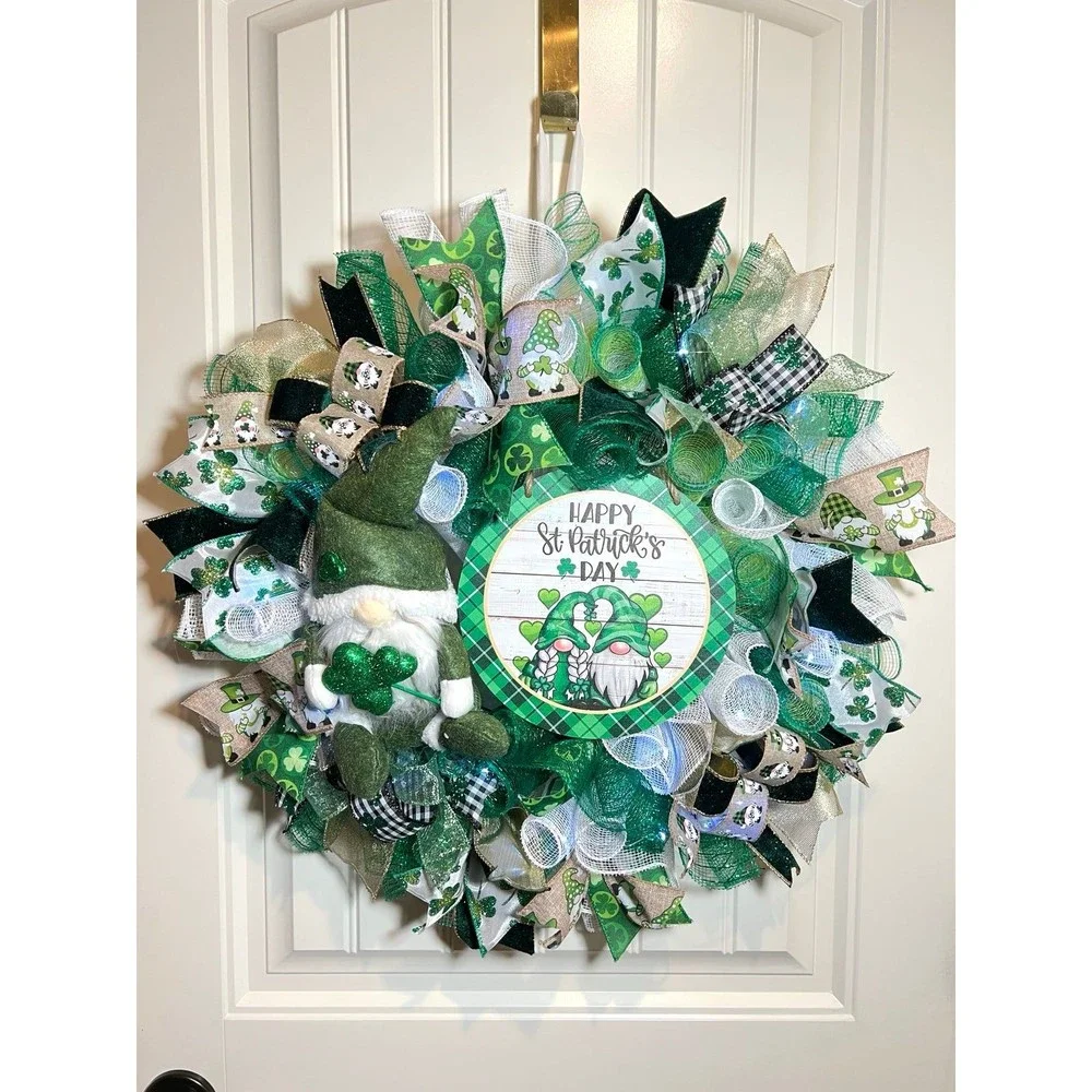 Handmade Happy St. Patrick’s Day Gnome Ribbon Prelit Wreath 22 ins LED W13